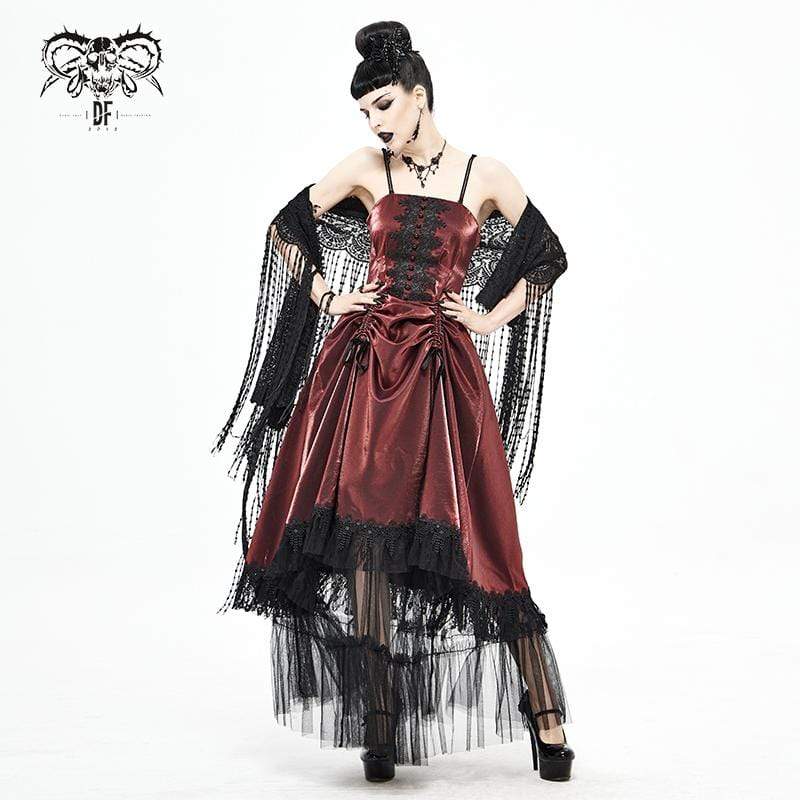 Women’s Gothic Drawstring Lace Splice Red Slip Dress Wedding Dress