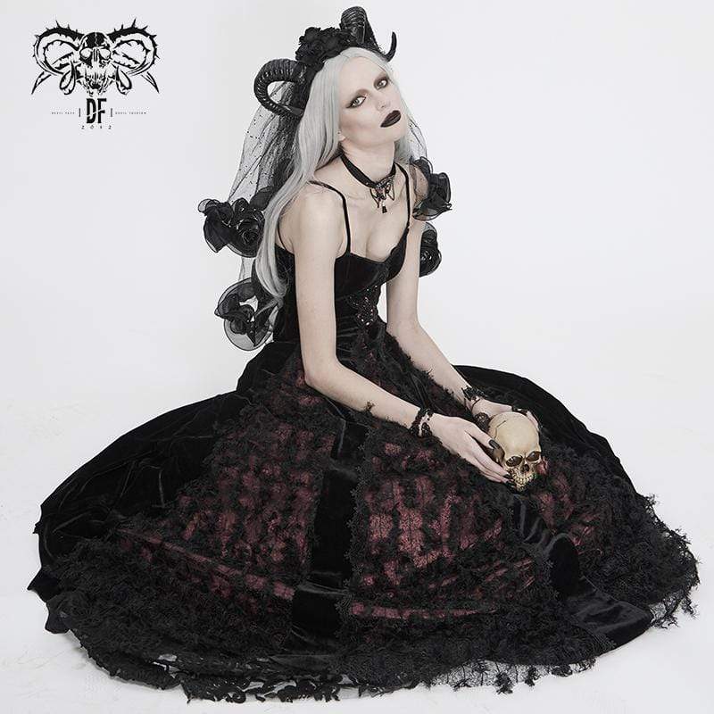 Women’s Vintage Gothic Wedding Dress Black and Red Velvet – Lace Ankle Length Dress