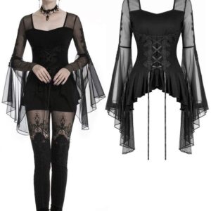 Women's Gothic Butterfly Sleeved Lace-up Tops With Irregular Hem