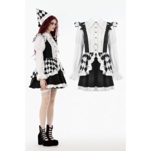 Women's Gothic Contrast Color Harlequin Puff Sleeved Dress