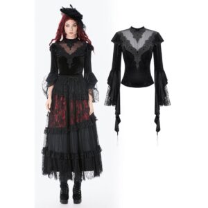 Women's Gothic Embroidered Mesh Splice Sheer Velvet Top