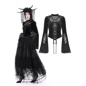 Women's Gothic Flared Sleeved Lace Splice Velvet Shirt