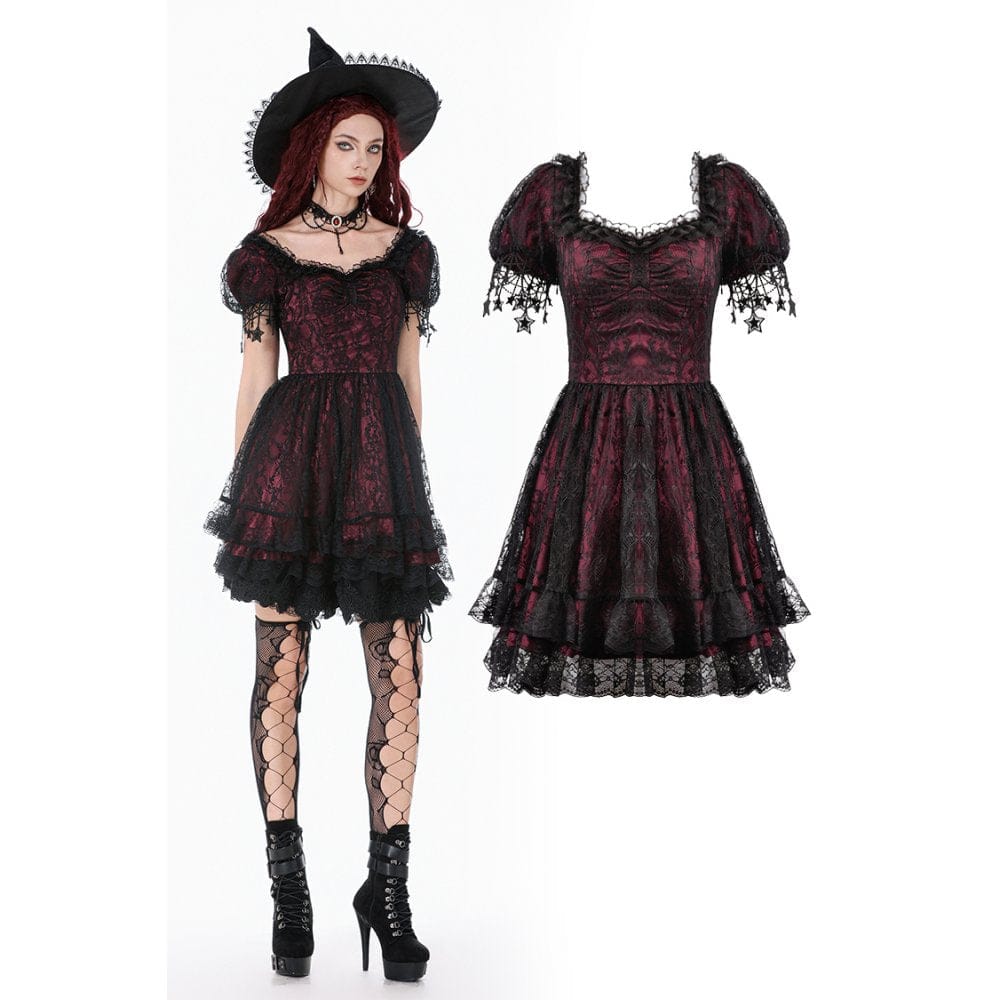 Women’s Gothic Lace Star Square-cut Collar Short Sleeved Dress