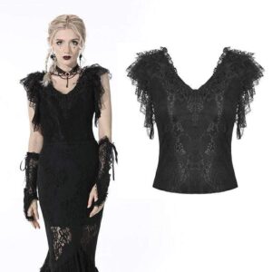 DIL Women's Gothic Plunging Ruffled Black Crop Top