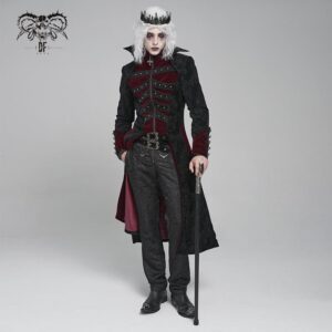 Men's Gothic Floral Printed Diamante Stand Collar Coat Red