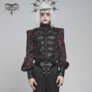 Men's Gothic Floral Printed Stand Collar Lantern Sleeved Shirt Black-Red