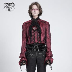 Men's Gothic Puff Sleeved Beaded Shirt with Lace Necktie