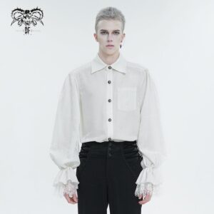 Men's Gothic Puff Sleeved Lace Hem Shirt White