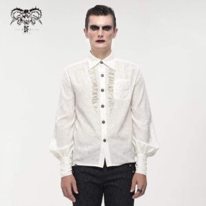 Men's Gothic Puff Sleeved Lace Splice Shirt White