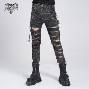 Men's Gothic Ripped Studded Pants with Chain
