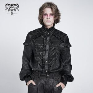 Men's Gothic Ruffled Stand Collar Puff Sleeved Shirt Black