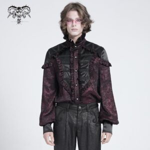 Men's Gothic Ruffled Stand Collar Puff Sleeved Shirt Red