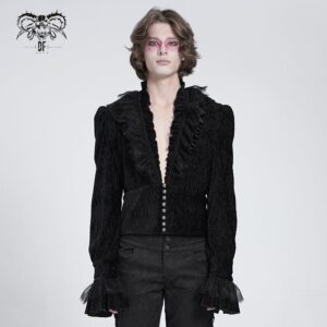 Men's Gothic V-neck Ruffled Lace Splice Shirt Black