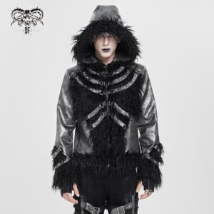 Men's Punk Rivet Strap Plush Splice Hooded Coat