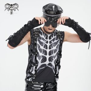 Men's Punk Skeleton Patent Leather Splice Tank Top