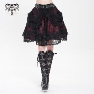 Women's Gothic Buckle Strap Multilayer Hem Skirt Red