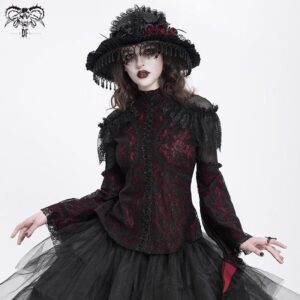 Women's Gothic Flared Sleeved Beaded Lace Splice Shirt Red