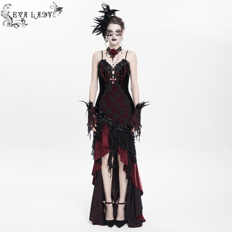 Women’s Gothic Floral Embroidered Cross Ruffle Long Slip Dress Red