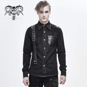 Men's Punk Mesh Applique Harness Denim Shirts