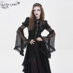 Women's Gothic Cutout Beaded Flared Sleeved Shirt Black
