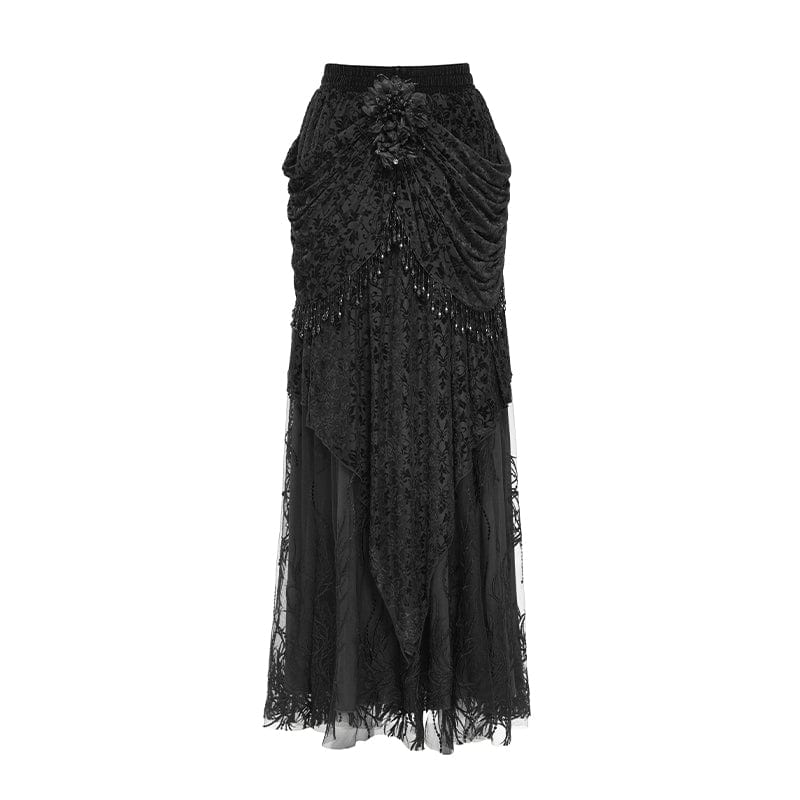 Women's Gothic Floral Embroidered Beaded Long Skirt Black - Image 6