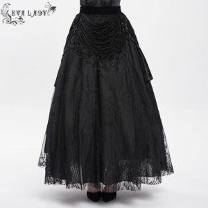 Women's Gothic Floral Embroidered Beaded Long Skirt Black