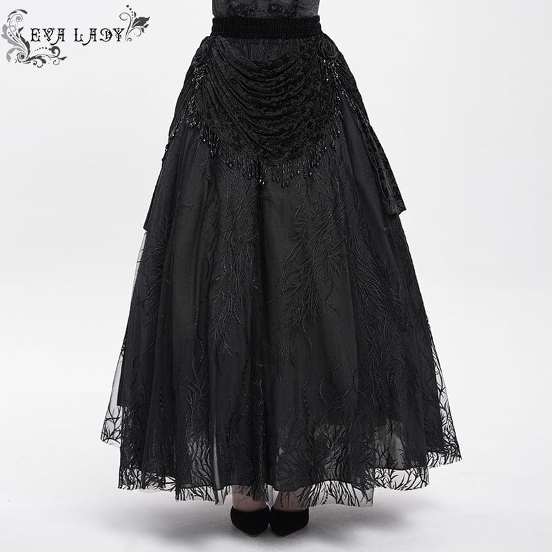 Women’s Gothic Floral Embroidered Beaded Long Skirt Black