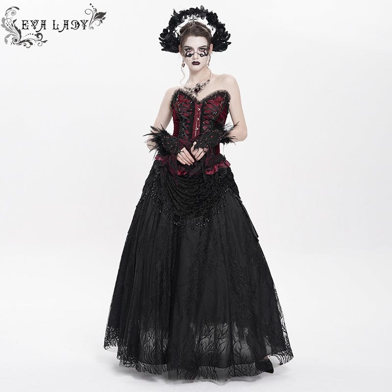 Women's Gothic Floral Embroidered Beaded Long Skirt Black - Image 5