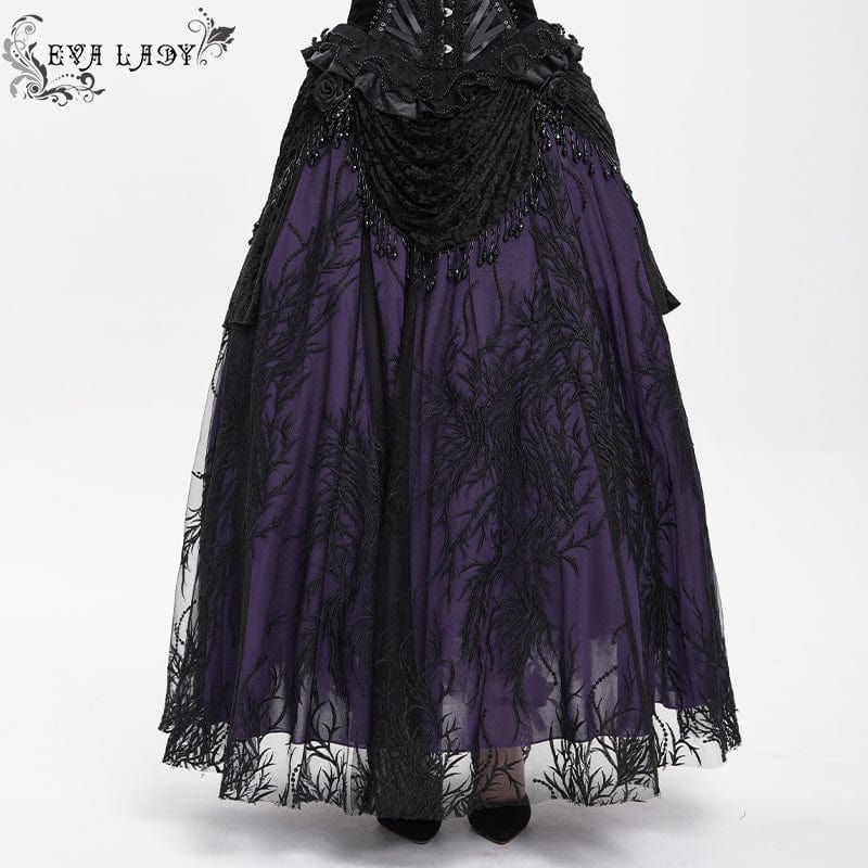 Women’s Gothic Floral Embroidered Beaded Long Skirt Purple