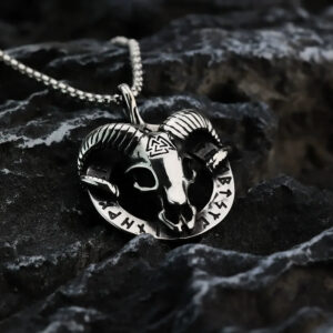 Men's Punk Ram Skull & Norse Runes Pendant Necklace