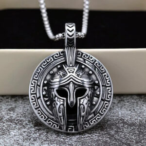 Men's Punk Spartan Helmet & Greek Key Pattern Necklace