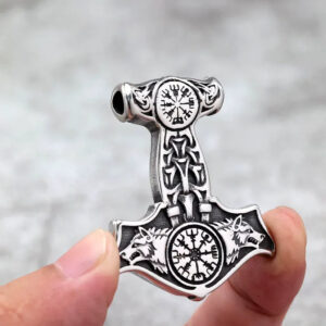 Men's Punk Viking Wolf Head Mjolnir Necklace