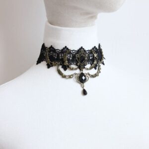 Women's Gothic Diamante Lace Choker with Heart Chain