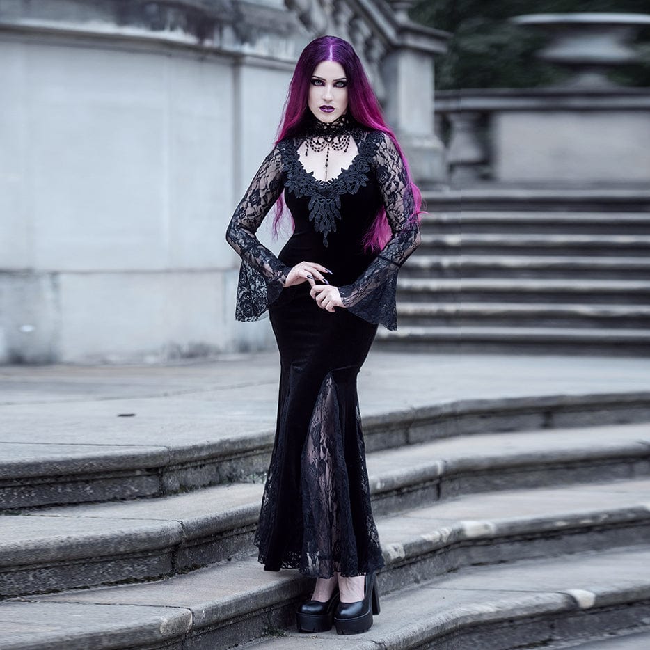 Women’s Gothic Lace Splice Split Fishtail Dress