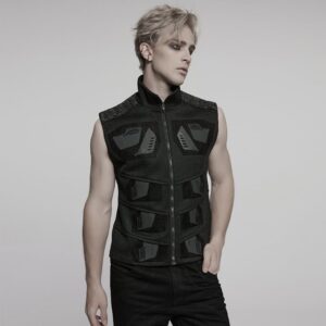 Men's Cyberpunk Stand Collar Faux Leather Splice Mesh Vest
