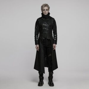Men's Gothic Black Stretch Twill Fabric Chef Faux Leather Coat