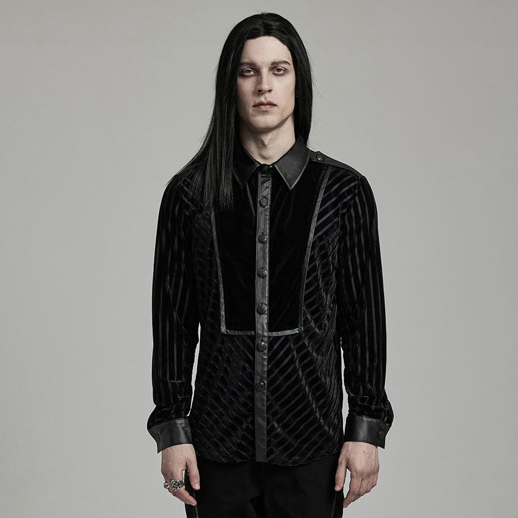 Men’s Gothic Faux Leather Splice Striped Velvet Shirt