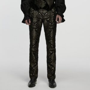 Men's Gothic Floral Jacquard Pants Black-Golden