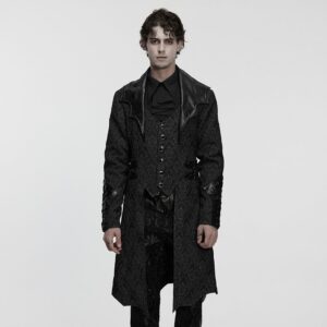 Men's Gothic Floral Jacquard Turn-down Bat Collar Coat Black