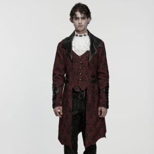Men's Gothic Floral Jacquard Turn-down Bat Collar Coat Black-Red