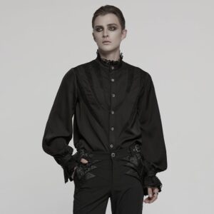 Men's Gothic Puff Sleeved Lace Splice Chiffon Shirt Black