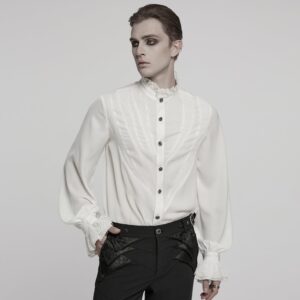 Men's Gothic Puff Sleeved Lace Splice Chiffon Shirt White
