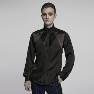 Men's Gothic Ruffled Stand Collar Pleated Shirt Black
