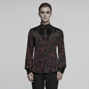 Men's Gothic Ruffled Stand Collar Pleated Shirt Red
