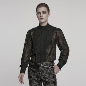 Men's Gothic Stand Collar Embroidered Sheer Chiffon Shirt Black