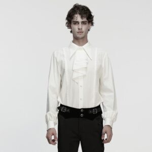 Men's Gothic Turn-down Collar Puff Sleeved Shirt with Detachable Necktie White