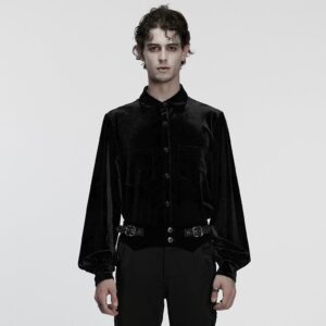 Men's Gothic Turn-down Collar Puff Sleeved Velvet Shirt Black