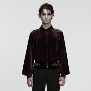 Men's Gothic Turn-down Collar Puff Sleeved Velvet Shirt Black-Red