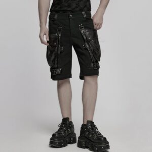 Men's Punk Big-pocket Faux Leather Splice Shorts