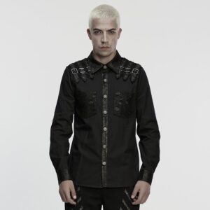 Men's Punk Buckle Strap Splice Turn-down Collar Shirt